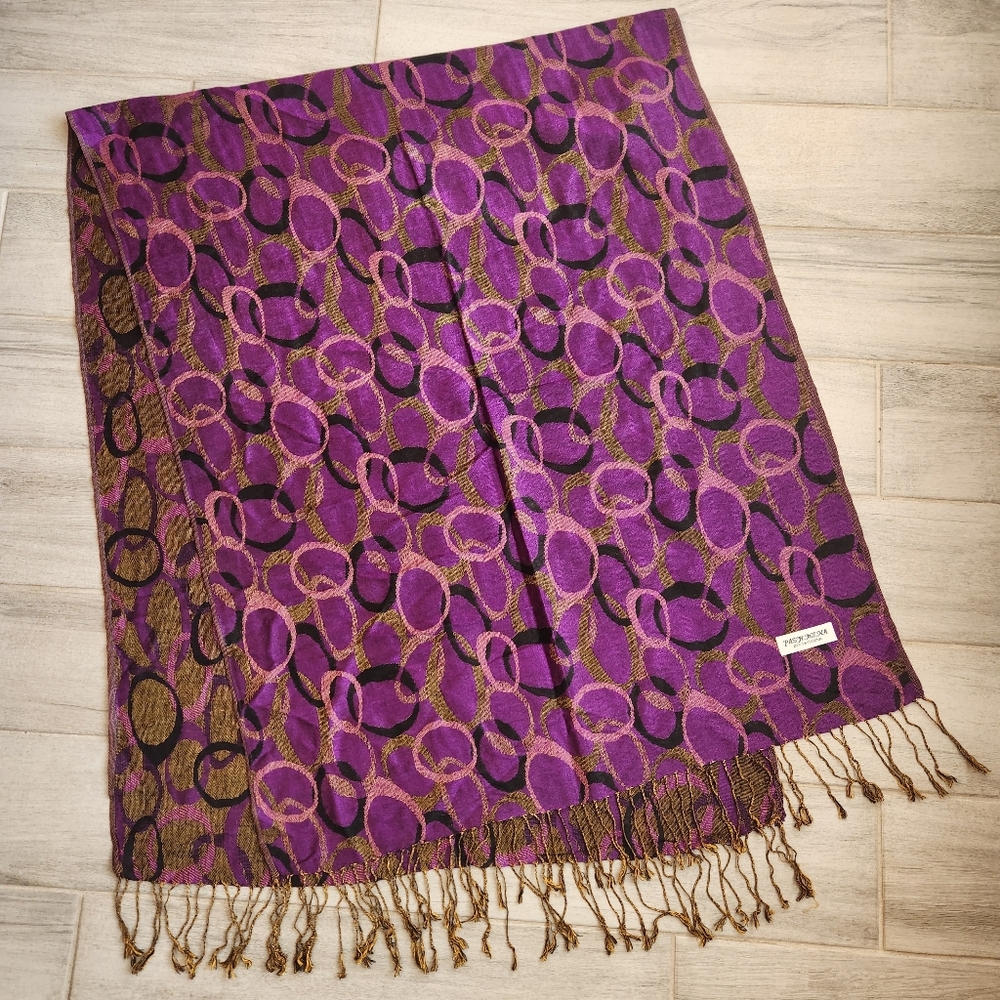 100% Pashmina Wool Scarf Women's Purple Ring Geometric Print Wrap Fringe Shawl